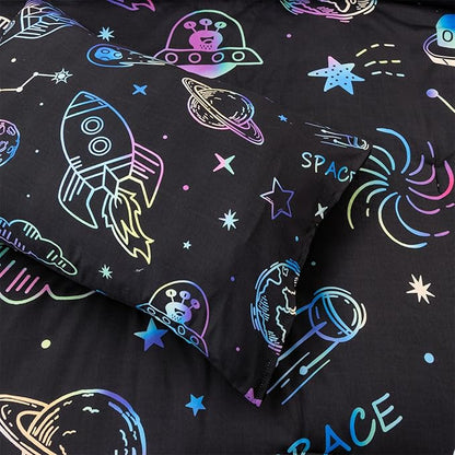 Aimuan Space Comforter Twin Set Kids Rocket Bedding Set Super Soft & Cute Aliens UFO Printed for Boys Girls Teen (Black, Full 5Pcs)