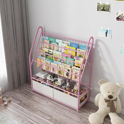 Kids Book Shelf with Storage 32inch, 5 Tier Freestanding Pink Bookshelf, Large Modern Minimalist Book Case With Toy Storage Organizer For Bedroom Study Room Playrooms Children Room KDSJ2305-Pink