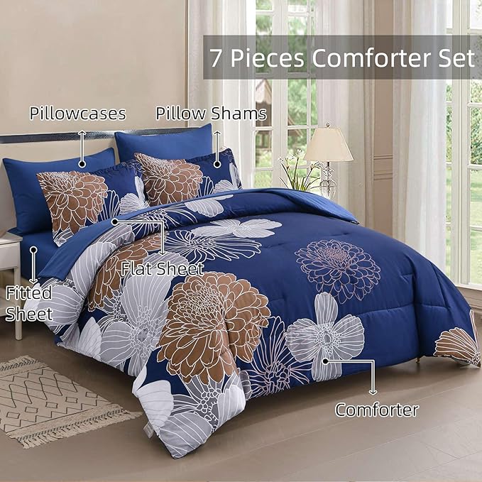 Yiran Navy Brown Comforter Set Queen Bed in a Bag 7 Pieces Floral Soft Microfiber Comforter Bedding Sets Bed Set with Comforter, Sheets, Pillowcases & Shams 90"×90"