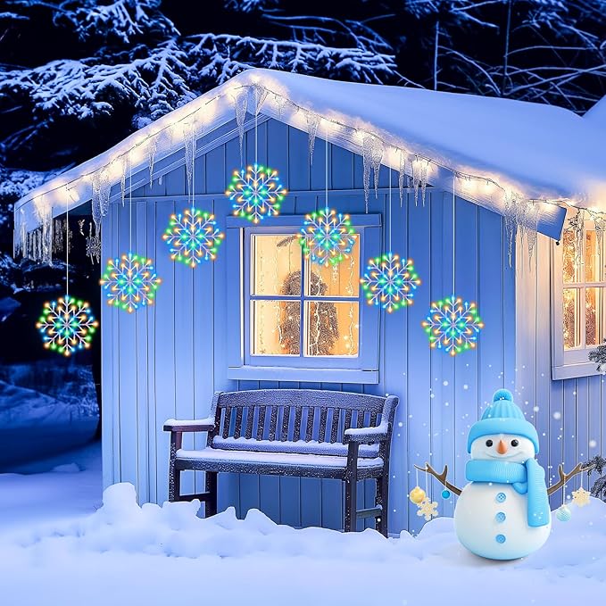 Christmas Snowflake Icicle Lights Outdoor - Plug-in 10.5ft 5 Drops 240LED Snowflake Window Lights with 8 Modes, Hanging Lights for Indoor Outdoor Porch Eaves Rooftops Christmas Decor, Multicolor