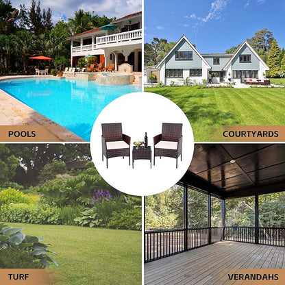 Patio Furniture Set 3 Pieces All-Weather Rattan Outdoor Furniture Patio Chairs with Tempered Glass Table for Porch Bistro Balcony Bistro Set(Brown/Beige-2)