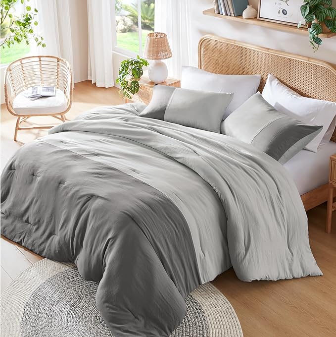 Grey Comforter King Size - Modern Farmhouse Soft Comforter Sets for Men, Masculine Colorblock Pattern Bed Sets for All Season, 3 Pieces includes 1 Comforter, 2 Shams (104"x 90")