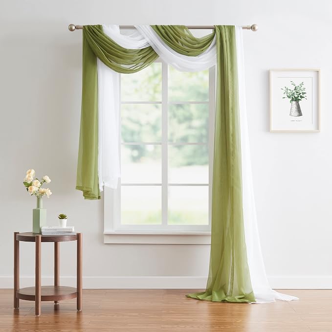 Warm Home Designs 55 x 216 Sage Green Sheer Window Scarf. AM Sage 216" | Extra Long Window Scarves Valances are Great As Wedding Arch Draping Fabric, Bed Canopy Or for Decorative Project.