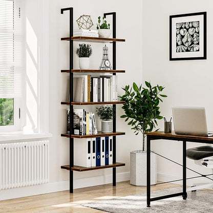 NUMENN 5 Tier Book Shelf, Industrial Ladder Shelf, Open Space Wall Mount Bookshelf with Metal Frame, Sturdy Book Shelves, Bookcase for Living Room, Home Office Shelf, Vintage Brown