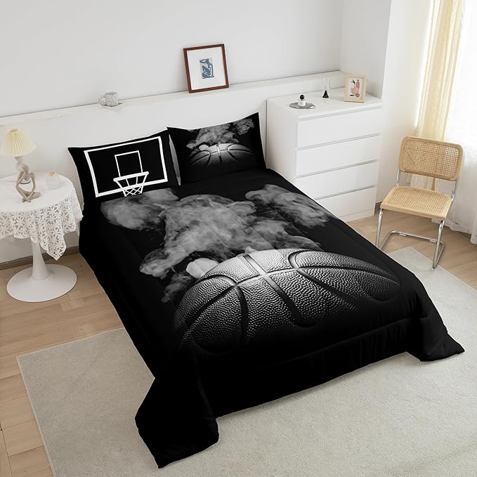 Erosebridal Basketball Comforter Set for Boys Teen Queen Size Sports Basketball Bedding Set Basketball Room Decor Reversible Black Down Comforter Grey Hippie Smoke Quilt Duvet Insert 2 Pillow Case