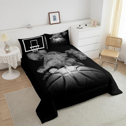Erosebridal Basketball Comforter Set for Boys Teen Queen Size Sports Basketball Bedding Set Basketball Room Decor Reversible Black Down Comforter Grey Hippie Smoke Quilt Duvet Insert 2 Pillow Case