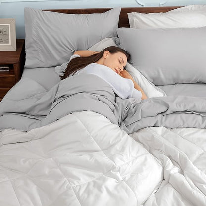 Bedsure Ivory Twin Comforter Set - 5 Pieces Reversible Twin Bed in a Bag for College, Extra Long Twin Bed Set Ivory and Grey with Comforters, Sheets, Pillowcase & Sham