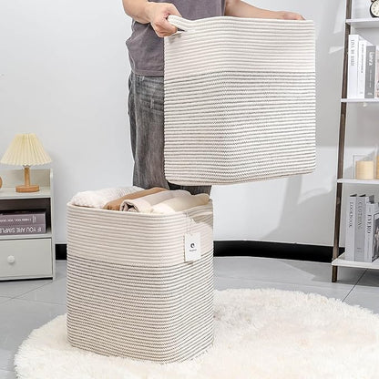 Cloth Large Blanket Basket,Storage Basket Bins Rectangle Small Woven Baskets for Storage, Nursery Cotton Rope Basket Living Room, Toy Basket For Organizing, Clothes Laundry Baskets set of 2