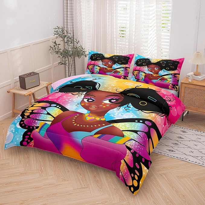 Tailor Shop Fantasy Black Girl Comforter Set Rainbow Butterfly Queen Size Bedding Sets for Girls Kids Kawaii Magic African American Black Girl Bedding Set with 2 Pillowcase Girls Room Decor