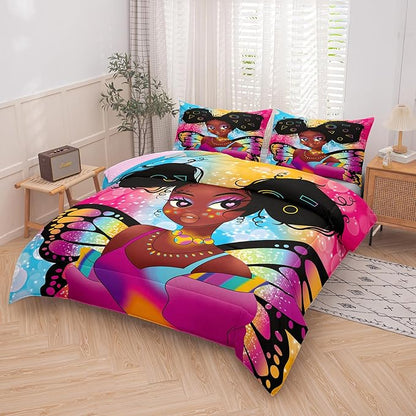 Tailor Shop Fantasy Black Girl Comforter Set Rainbow Butterfly Queen Size Bedding Sets for Girls Kids Kawaii Magic African American Black Girl Bedding Set with 2 Pillowcase Girls Room Decor