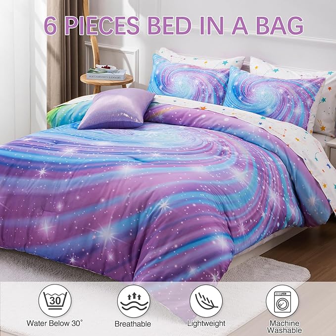 Btargot Super Soft 6 Pieces Gradient Star Ring Comforter Set, Colorful Glitter Rainbow Star Pattern Bedding Set for Boys Girls Teens, Queen Purple