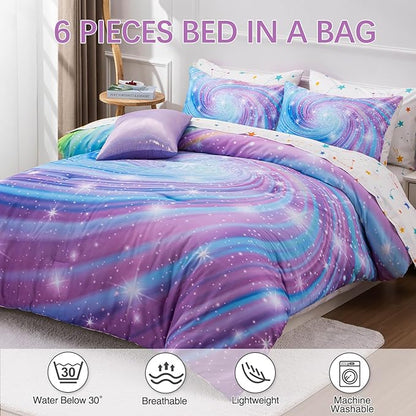 Btargot Super Soft 6 Pieces Gradient Star Ring Comforter Set, Colorful Glitter Rainbow Star Pattern Bedding Set for Boys Girls Teens, Queen Purple