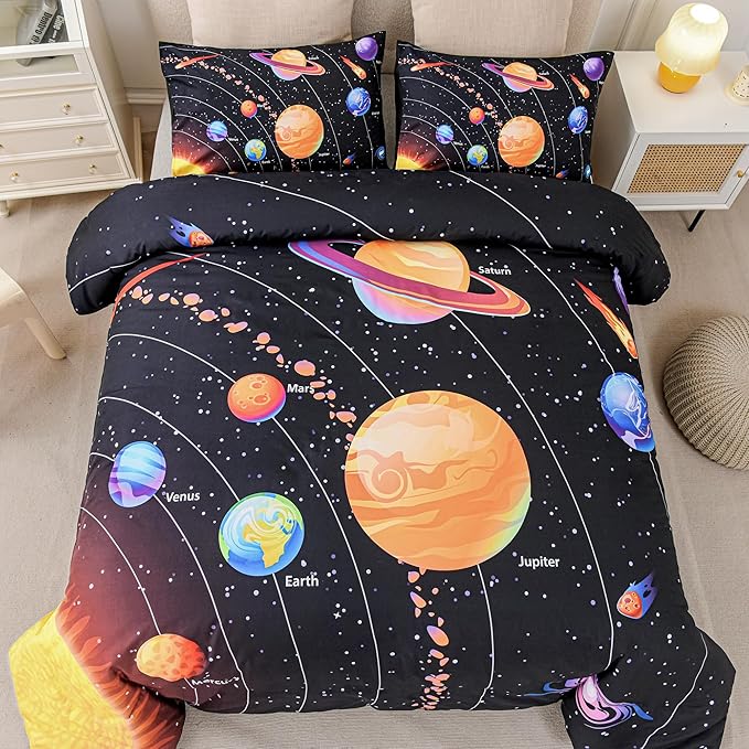 6 Pcs Solar System Comforter Set Twin Outer Space Bedding Set Universe Planets Theme Comforter for Boys Kids Ultra-Soft (1 Comforter, 2 Pillowcases, 1 Flat Sheet, 1 Fitted Sheet,1 Pillowcover)