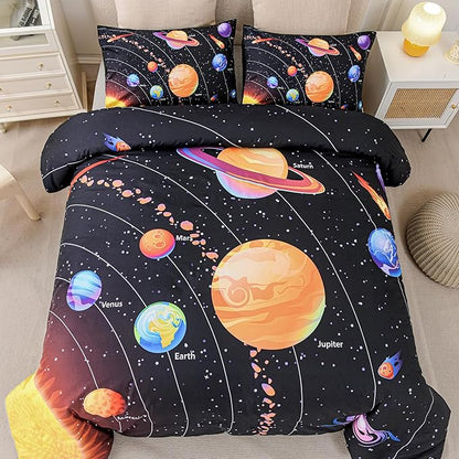 6 Pcs Solar System Comforter Set Twin Outer Space Bedding Set Universe Planets Theme Comforter for Boys Kids Ultra-Soft (1 Comforter, 2 Pillowcases, 1 Flat Sheet, 1 Fitted Sheet,1 Pillowcover)