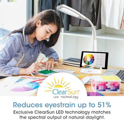 OttLite LED Desk Lamp with Tablet & Smart Phone Stand- ClearSun LED Technology - Desk Lamp with Storage Base, USB Charging Port, & Flexible Neck Height - for Tutorials, Crafting, Sewing & Working
