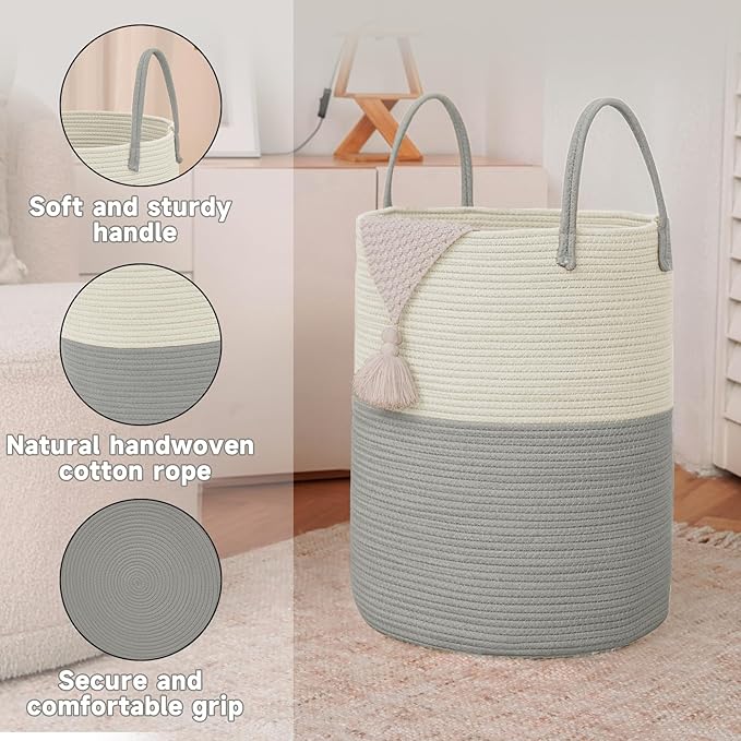 Large Woven Laundry Basket Hamper,80L Cotton Rope Storage Bin for Blankets,Toys and Clothes,Decorative Tall Nursery Hamper for Living Room,Baby Nursery,Bathroom and Bedroom,White and Grey