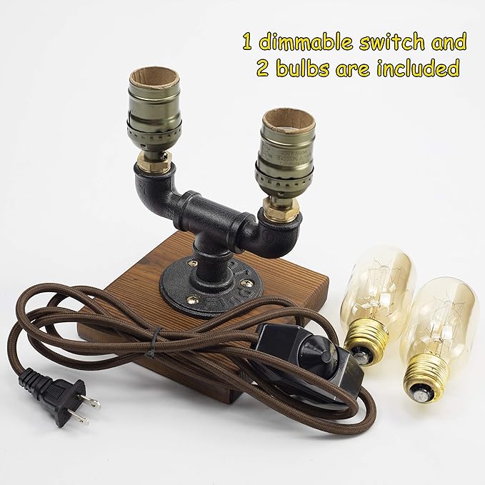 Steampunk Lamp with Dimmer, Dimmable Loft Style Industrial Vintage Antique Style Light with 2 Bulbs, Wood Base with Iron Piping Desk Lamp, Retro Desk Lamp LL-027