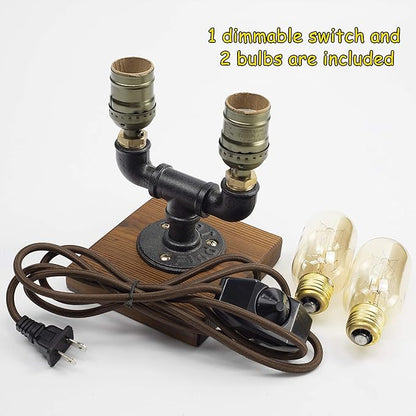 Steampunk Lamp with Dimmer, Dimmable Loft Style Industrial Vintage Antique Style Light with 2 Bulbs, Wood Base with Iron Piping Desk Lamp, Retro Desk Lamp LL-027