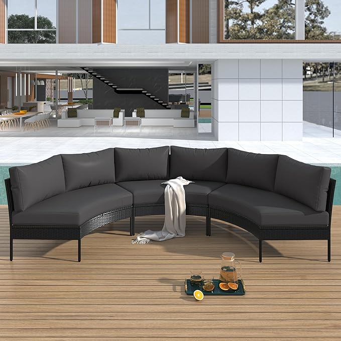 Spa Surround 3 Pieces Outdoor Patio Furniture, Weather Rattan Wicker Sectional Conversation Thick Cushions, Curved Half Moon Seating Group Sofa Set, Zp-Grey