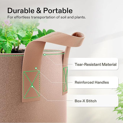 VIVOSUN 5-Pack 2 Gallons Grow Bags Heavy Duty Thickened Nonwoven Fabric Pots with Strap Handles Tan