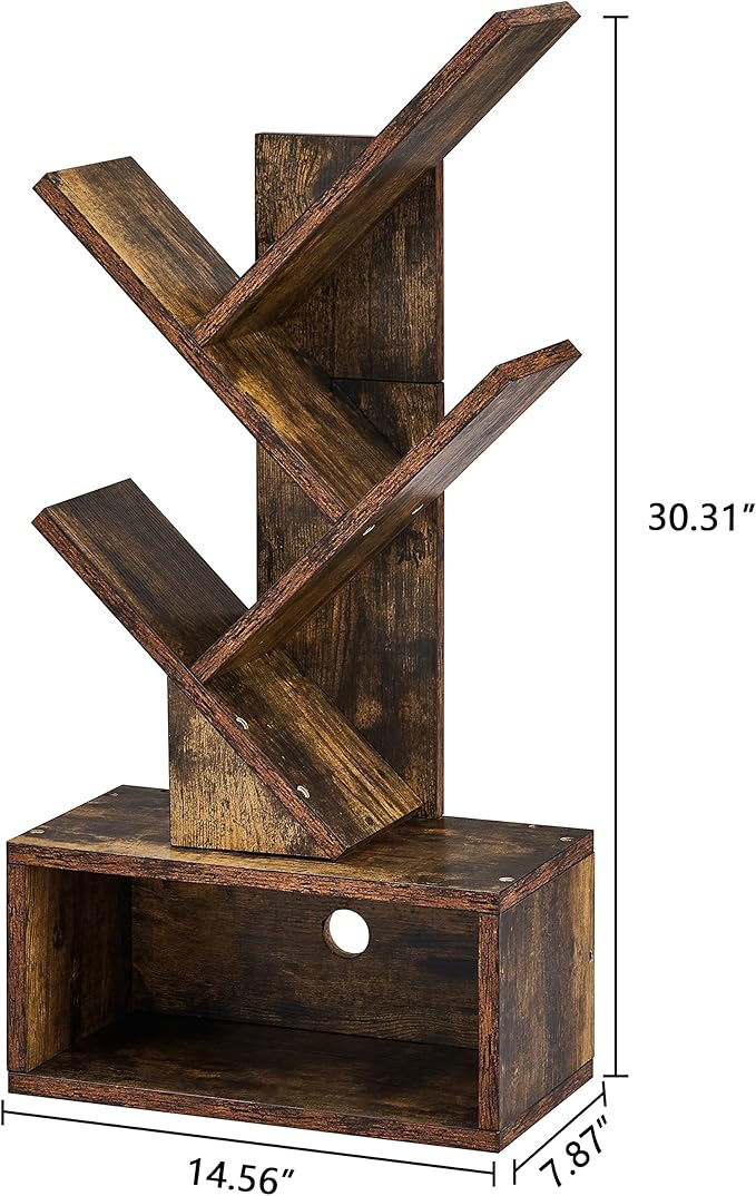 Hoctieon 3 Tier Tree Bookshelf, Small Bookcase with Drawer, Desktop Book Shelf, Display Floor Standing Storage Shelf, Book Organizer Shelves for Home Office, Rustic Brown