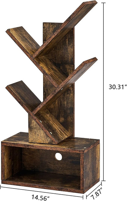 Hoctieon 3 Tier Tree Bookshelf, Small Bookcase with Drawer, Desktop Book Shelf, Display Floor Standing Storage Shelf, Book Organizer Shelves for Home Office, Rustic Brown