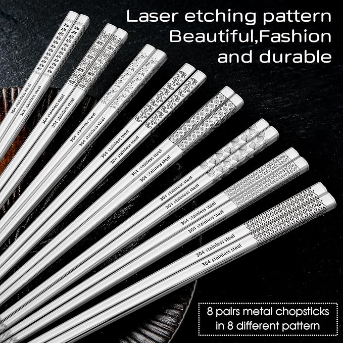 8 Pairs Metal Chopsticks Reusable 18/8 Stainless Steel Chopsticks Set Cute Laser Engraved Non-slip Japanese Korean Chinese Chopstick for Cooking Eating Dishwasher Safe 9.25" Chop Sticks Gift Set
