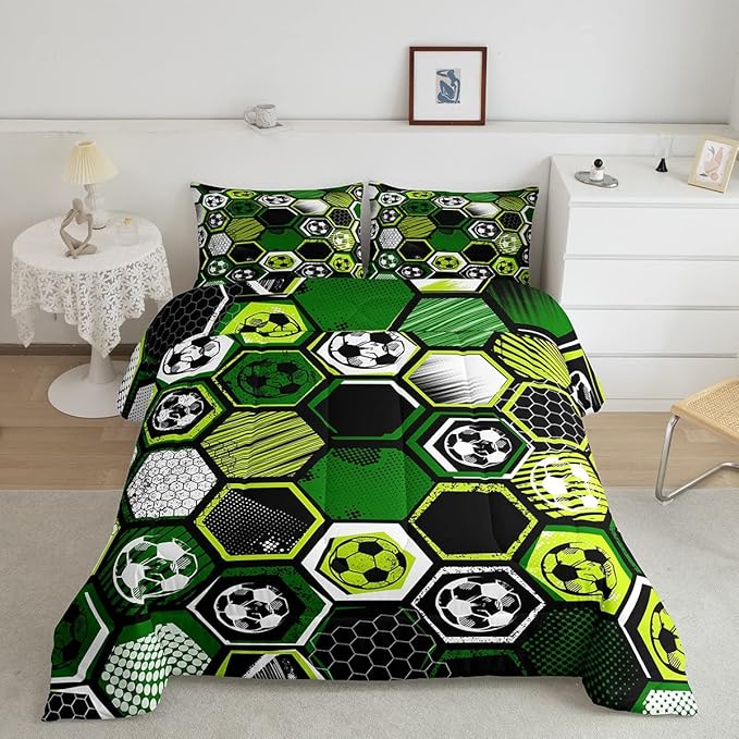 Erosebridal Boys Football Comforter Set King Soccer Sports Bedding Set Twin for Kids Teen,Geometric Honeycomb Down Comforter Hexagon Beehive Quilt Duvet Duvet Insert Green Black White 2 Pillow Cases