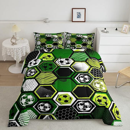Erosebridal Boys Football Comforter Set King Soccer Sports Bedding Set Twin for Kids Teen,Geometric Honeycomb Down Comforter Hexagon Beehive Quilt Duvet Duvet Insert Green Black White 2 Pillow Cases