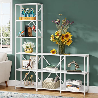 Tribesigns 9 Shelves Bookshelves, Industrial Ladder Corner Etagere Bookcase, Rustic 6-tier Display Open Shelf Storage Organizer for Living Room (White)