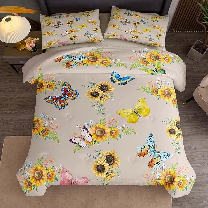 Tailor Shop Sunflower Comforter Sets Full Size,Sunflower Bedding Sets for Teens Kids Butterflies Comforter Sets,Butterfly Bedding Sets Vintage Yellow Flowers Bedding Sets with 2 Pillowcases
