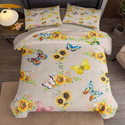 Tailor Shop Sunflower Comforter Sets Queen Size,Sunflower Bedding Sets for Teens Kids Butterflies Comforter Sets,Butterfly Bedding Sets Vintage Yellow Flowers Bedding Sets with 2 Pillowcases