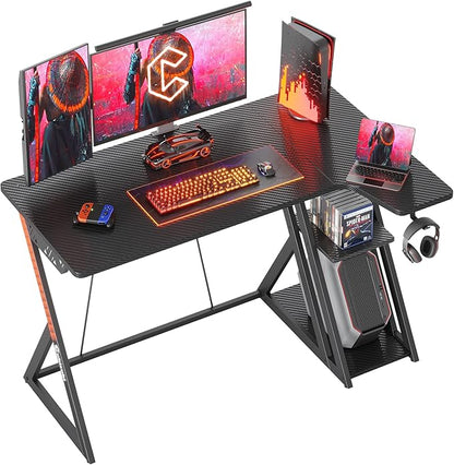 CubiCubi Aurora Gaming Desk with Carbon Fiber Surface, 40 Inch L Shaped Desk with Storage Shelves, Small Corner Computer Desk with Monitor Shelf, Gamer Desk PC Table, Black