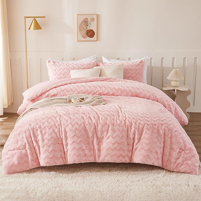 Andency Pink Fleece Comforter Set Full, 3 Pieces Fuzzy Shaggy Plush Sherpa Bedding Comforter Set Women Girls, Solid Fluffy Faux Fur Bed Comforter Set for Winter