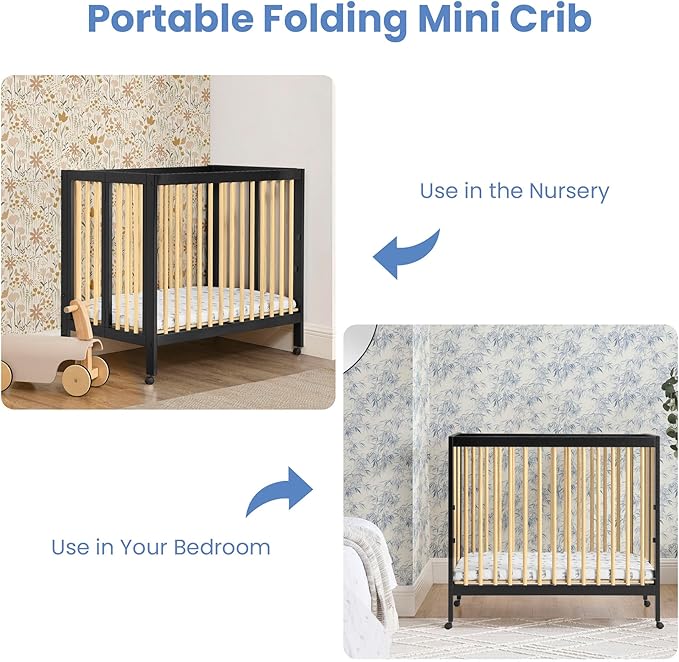Delta Children Mia Portable Folding Mini Crib with 1.5-Inch Mattress - Greenguard Gold Certified, Ebony Black/Natural