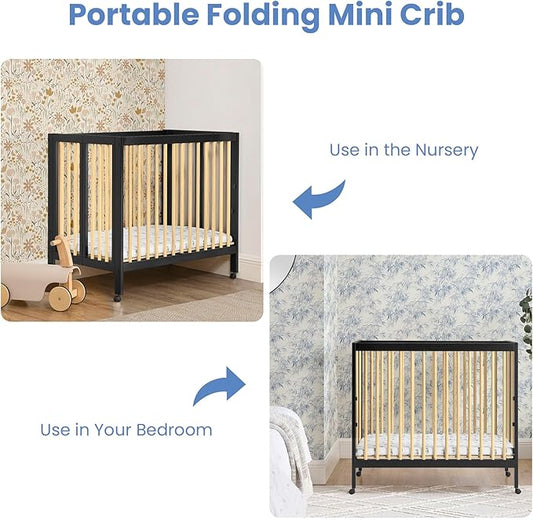Delta Children Mia Portable Folding Mini Crib with 1.5-Inch Mattress - Greenguard Gold Certified, Ebony Black/Natural