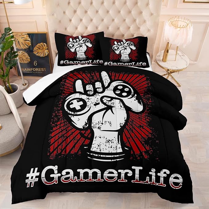 Teens Gamepad Comforter Set Modern Gamer Down Comforter Twin Size for Kids Boys Children Youth Video Game Bedding Set Gaming Duvet Insert for Bedroom