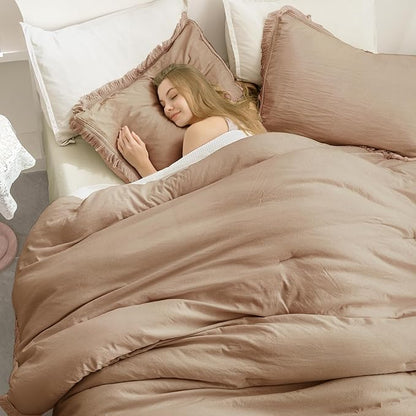 Andency Taupe Comforter Set Queen, 3 Pieces Boho Tassel Lightweight Bedding Comforter Sets, Tan All Season Soft Fluffy Fringe Bed Set (90x90In Comforter & 2 Pillowcases)