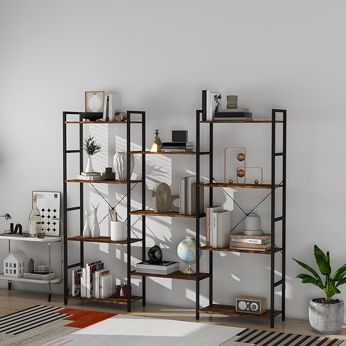 Panana Triple 4 tier bookshelf, Industrial Bookcase with 11 Open Display Shelves Wide Book Shelf Book Case with Metal Frame for Living Room Home Office (Brown)
