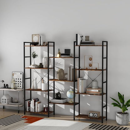 Panana Triple 4 tier bookshelf, Industrial Bookcase with 11 Open Display Shelves Wide Book Shelf Book Case with Metal Frame for Living Room Home Office (Brown)