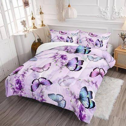 Purple Lavender Butterfly Comforter Set for Girl Kid Adult Colorful Butterfly Pattern Bedding Set Aesthetics Butterflies Quilt Bed Set Queen Size with 1 Comforter and 2 Pillowcases