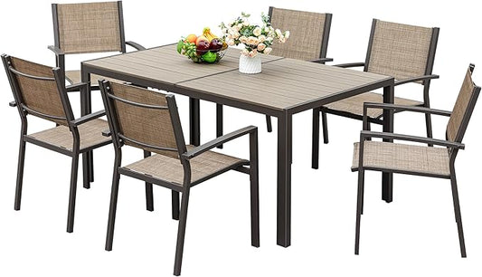 JUMMICO Outdoor Dining Set 7 Piece Patio Furniture Set with Weather Resistant Table and 6 Textilene Chairs for Yard, Deck and Poolside (Brown)
