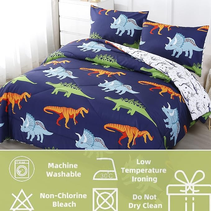 RYNGHIPY Cartoon Dinosaur Comforter Set, Dark Blue Dinosaur Kids Bedding Set for Boys, Dinosaurs Print Comforter Sets for Kids/Toddlers/Teens (Dinosaur,Full)