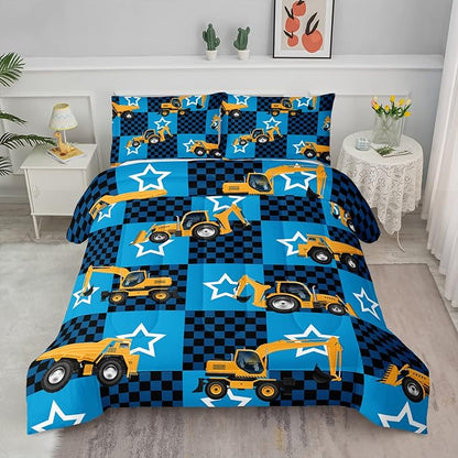 Axolotl Excavator Comforter Set Queen Size,Blue Plaid Comforter Set with Star,Excavator Bedding Set for Kids Boys Teens,Construction Vehicle Comforter Set for Boys,1 Quilt 2 Pillowcases