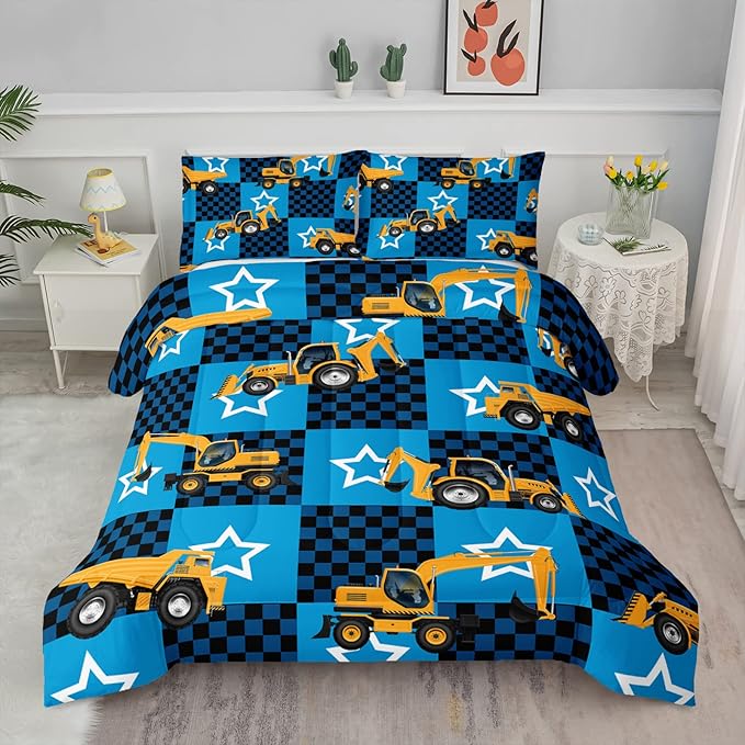 Axolotl Excavator Comforter Set Full Size,Blue Plaid Comforter Set with Star,Excavator Bedding Set for Kids Boys Teens,Construction Vehicle Comforter Set for Boys,1 Quilt 2 Pillowcases