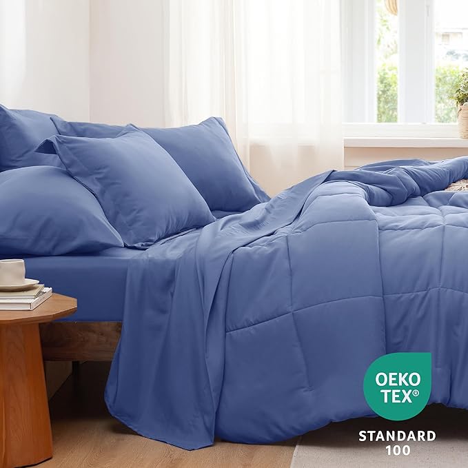 Bedsure Infinity Blue Full Size Comforter Set - 7 Pieces Solid Full Bed in a Bag, Full Bed Set Infinity Blue with Comforters, Sheets, Pillowcases & Shams