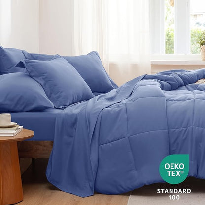 Bedsure Infinity Blue Full Size Comforter Set - 7 Pieces Solid Full Bed in a Bag, Full Bed Set Infinity Blue with Comforters, Sheets, Pillowcases & Shams