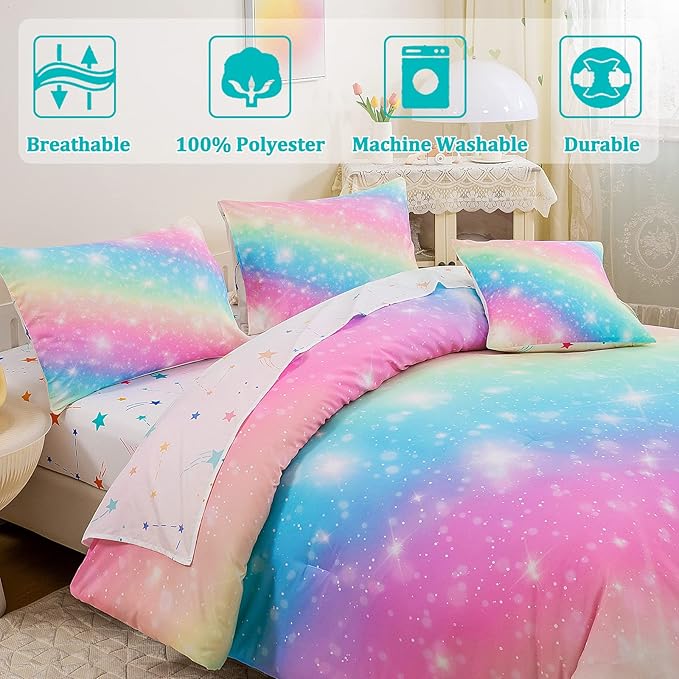 6 Pcs Bed in A Bag Glitter Galaxy Comforter Set Twin Size, Ombre Pink Rainbow Bedding Sets with Sheets for Girls