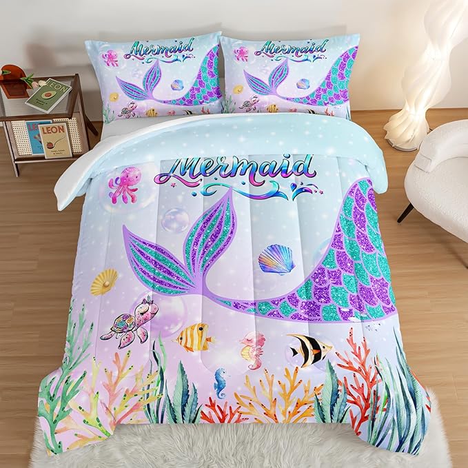 HOSIMA Mermaid Tail Comforter Set for Kids Girls Teens Bedroom Decor,Cartoon Scallop Sea Turtle Sea Horses Octopus Kawaii Bedding Set Mermaid Fish Scale King Size Comforter Set.Ocean Comforter