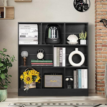 YAHARBO White 3 Tier Bookshelf,Wide Modern Horizontal Bookcase,Wood Low Book Shelf,Wide Display Storage Cabinet with Base,Floor Standing 8 Cube Large Bookcases Organizer for Bedroom,Living Room,Office